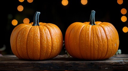 Two pumpkins on wooden surface with blurred background