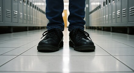 Fototapeta premium Black Shoes in School Locker Room Corridor