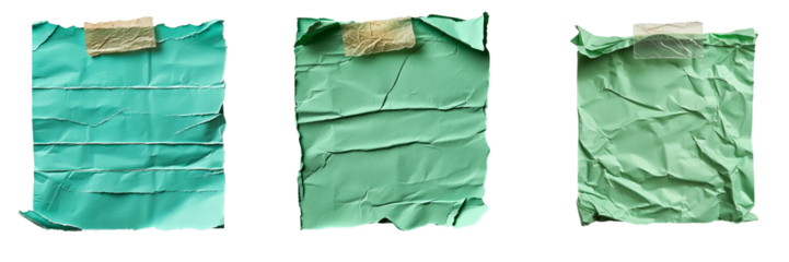 Png of Three crumpled sheets of turquoise and green paper add texture and color to any creative project.