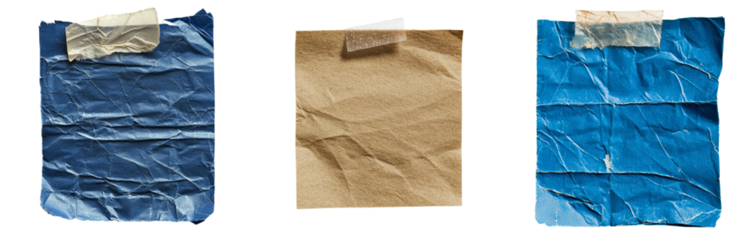 Png of Three crumpled paper sheets in blue and brown colors, showcasing textured surfaces with varying levels of wear and tape attachment.