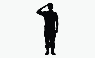 Soldier saluting silhouette, black and white, military salute figure, army man silhouette, soldier outline vector icon