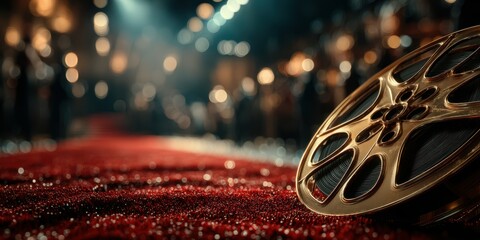 Golden film reel placed on red carpet at an elegant award ceremony during evening celebration