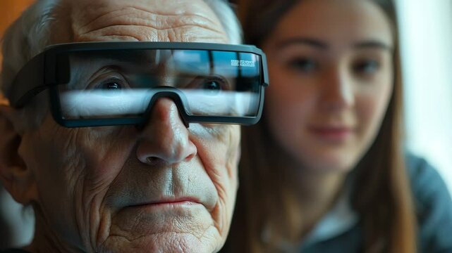 Senior man using smart glasses while a young woman assists him in technology learning session