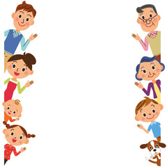 上半身の三世代家族が余白スペースに手をあげてる