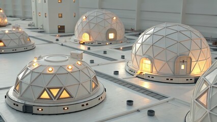 Futuristic geodesic dome structures with glowing lights, resembling a space or Mars colony habitat.