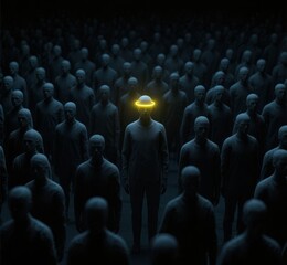 Obraz premium Crowd dark figures one figure glowing halo ring high angle perspective dark somber atmosphere individuality concept standing out uniqueness