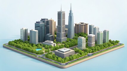 Naklejka premium A modern cityscape with tall skyscrapers, green parks, and surrounding roads in an isometric view.