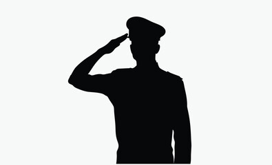 Soldier saluting silhouette, black and white, military salute figure, army man silhouette, soldier outline vector icon