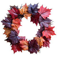 Isolated fall maple leaf wreath with cut out background, professional photo of natural autumn decoration for creating seasonal visual assets
