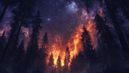Fototapeta premium dark forest with tall trees is illuminated by vibrant fire, while sky is filled with stars, creating dramatic and mystical atmosphere