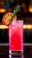 Refreshing cocktail served at an upscale bar garnished with a lemon slice and rosemary on a vibrant night out