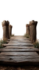 Obraz premium Rustic wooden bridge pathway countryside landscape natural wooden footbridge isolated on white weathered wood planks design