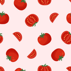 Seamless vector pattern of whole and sliced tomatoes on a light pink background. Suitable for food themed designs, packaging, textiles and kitchen decor