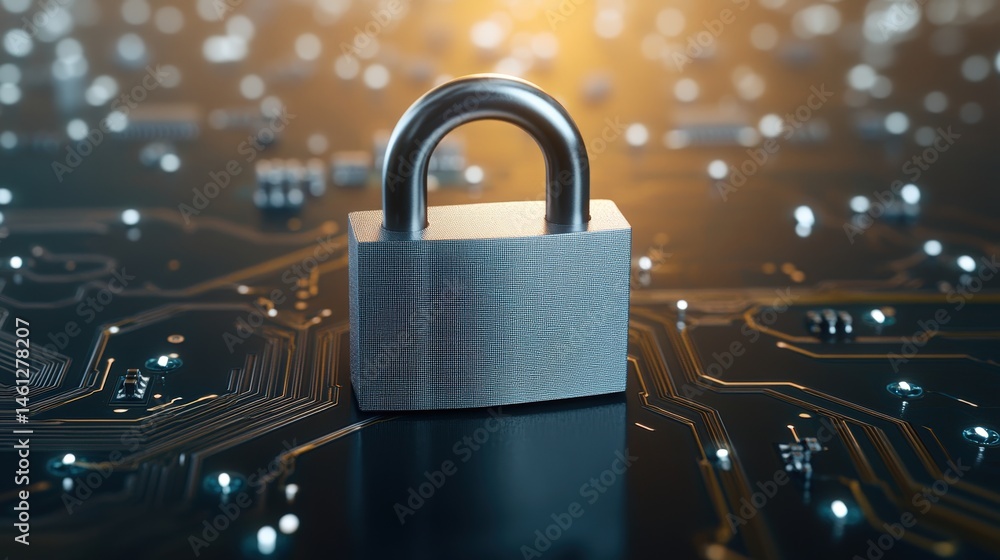 Poster a silver padlock secures a digital circuit board protecting online data and sensitive information fr