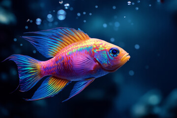 Fototapeta premium beautiful colorful fish with iridescent scales gracefully swims through water, surrounded by bubbles, showcasing its vibrant hues and delicate fins