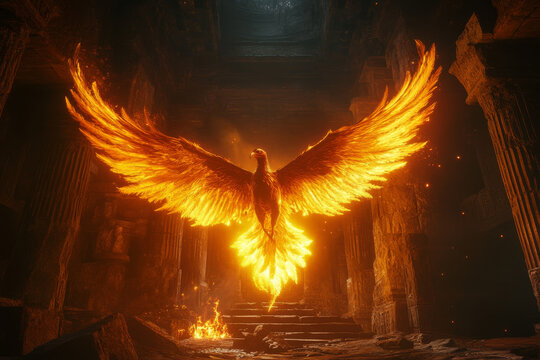 majestic phoenix with its fiery plumage glowing in dark ruins, symbolizing rebirth and transformation, surrounded by ancient stone structures and flickering flames