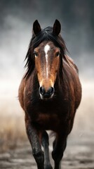 Fototapeta premium Brown horse running through misty field in soft morning light during early hours of dawn