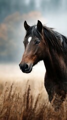 Majestic brown horse stands gracefully in a field of golden grass during early morning mist