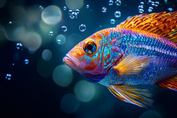 Fototapeta premium beautiful colorful fish with iridescent scales swims gracefully through water, surrounded by bubbles and shimmering light, creating captivating underwater scene
