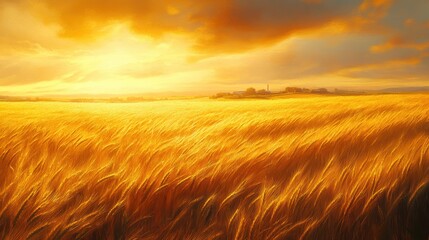 Obraz premium Golden Wheat Field at Sunset Vibrant Landscape Under a Dramatic Sky