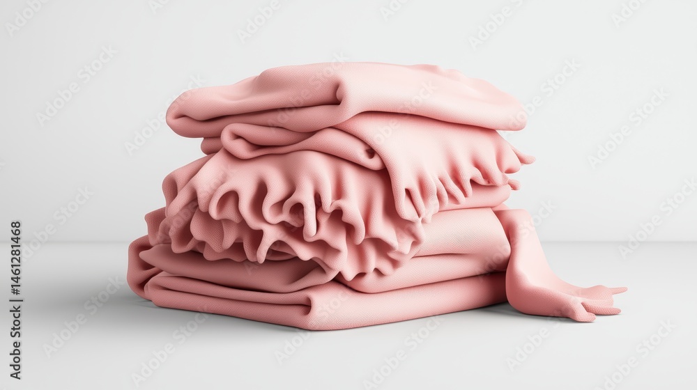 Aufkleber neatly stacked light pink fabric with ruffled edges sits on a white surface in a studio setting with