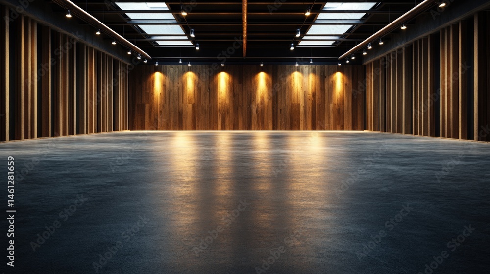 Aufkleber modern empty hall with wooden walls and polished concrete floor illuminated by skylights creating a 