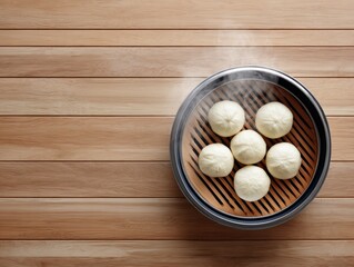 Steaming bao buns arranged in a bamboo steamer on a wooden surface, showcasing their soft texture and round shape, creating an inviting atmosphere for culinary enthusiasts and food lovers