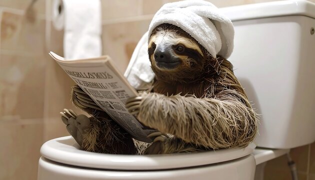 Sloth Reading Newspaper on Toilet in Bathroom