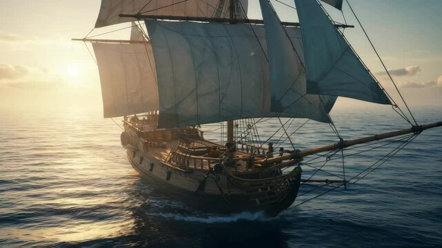 Ship in the sea with sails on deep ocean and soft waves