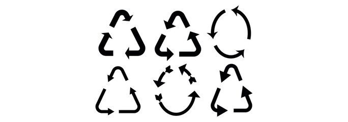 Collection of recycling and rotation arrow symbols. Recycle icons. Recycling arrows. Green icons for packaging, recycling. Ecology, environmentally friendly, environmental management symbols.