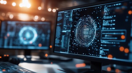 Futuristic computer monitors display complex data visualizations and intricate code in a dimly lit, high tech cyber security office environment.