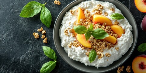 Delicious bowl of yogurt topped with fresh peaches and granola on a dark stone background