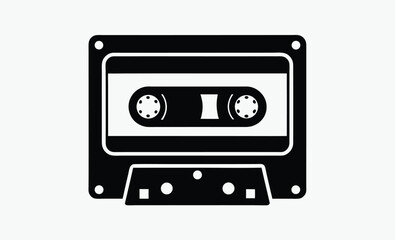 Cassette tape silhouette, retro audio icon, vintage music media, black tape illustration, old school cassette design