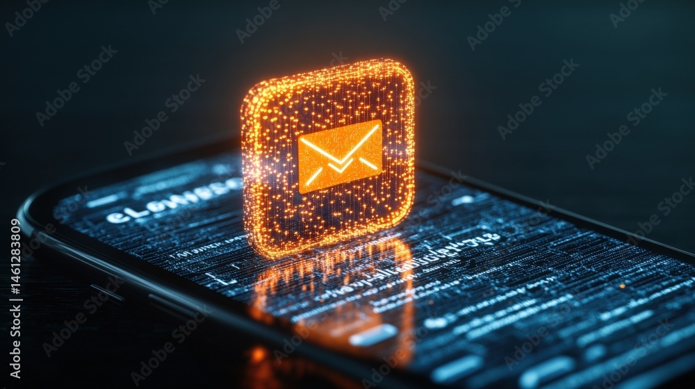 Poster a glowing email icon hovers above a smartphone displaying digital code and data, symbolizing modern 