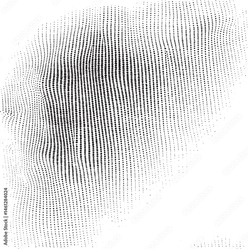 Poster a dense of black dots creates a dynamic undulating wave effect across a white background.