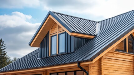 Close up of a modern wooden cabin home with black metal roof and dormer window under a partly cloudy blue sky on a bright sunny day outside