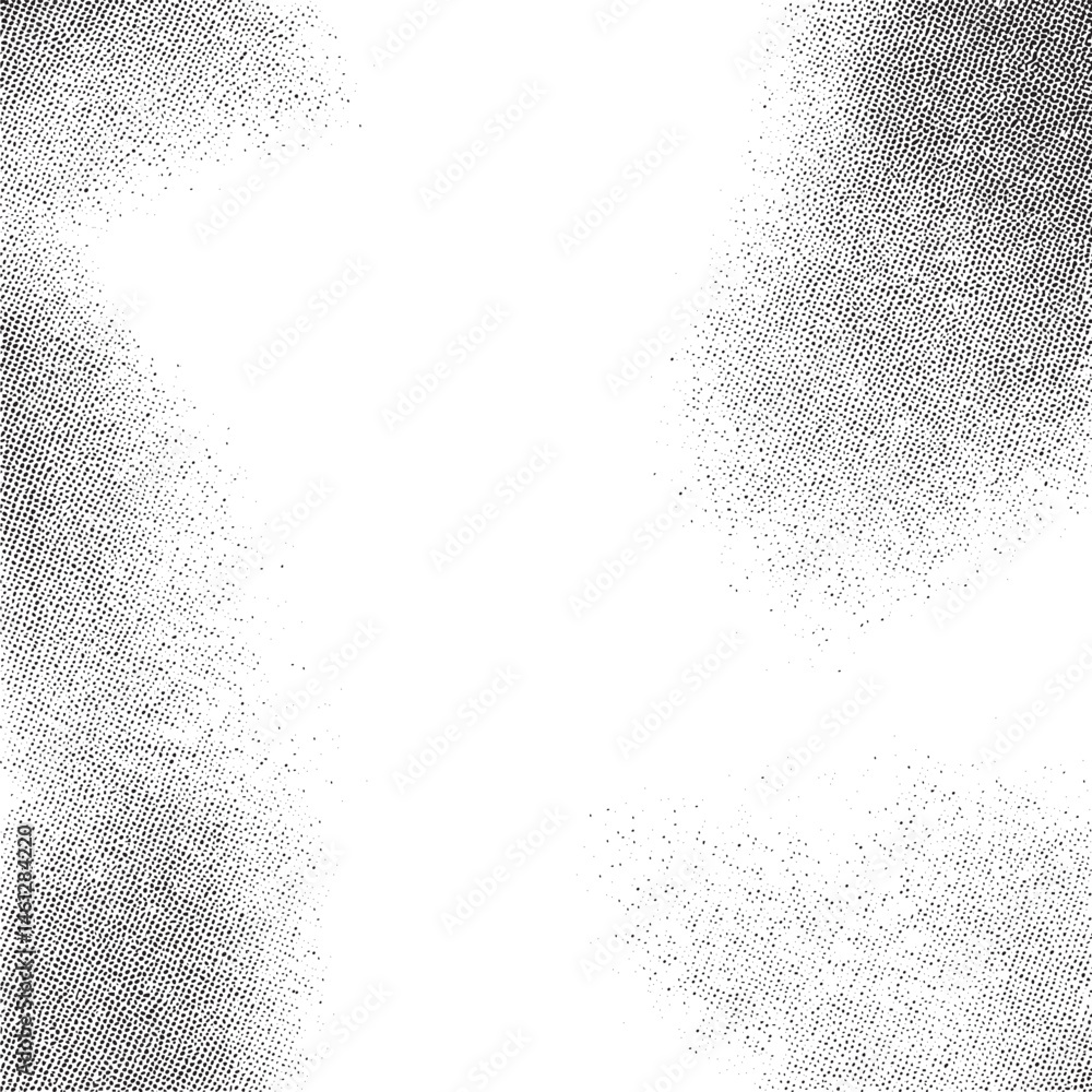 Poster a stark white background is partially obscured by a dense of black dots creating an abstract texture