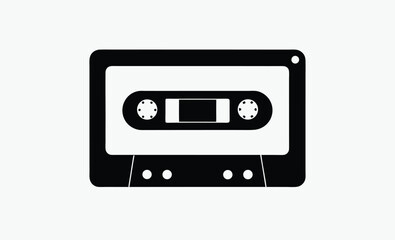 Cassette tape silhouette, retro audio icon, vintage music media, black tape illustration, old school cassette design