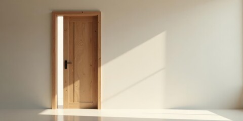 A slightly ajar light wood interior door in a minimalist room bathed in sunlight
