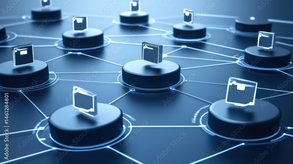 Poster digital network connection with folders and data storage on futuristic background in blue tones