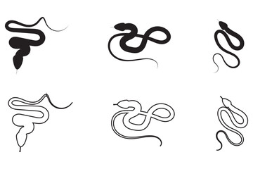 Snake silhouette isolated on white background. Set of black snakes. 