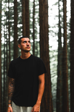 Chico joven en bosque de secuoyas, chico rapado con camiseta negra, Comillas, Cantabria