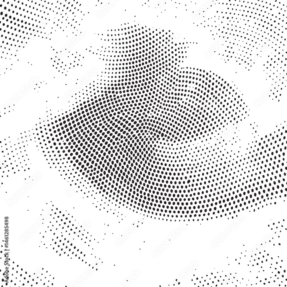 Poster a large dark shape dominates a textured white background composed of numerous small dots.