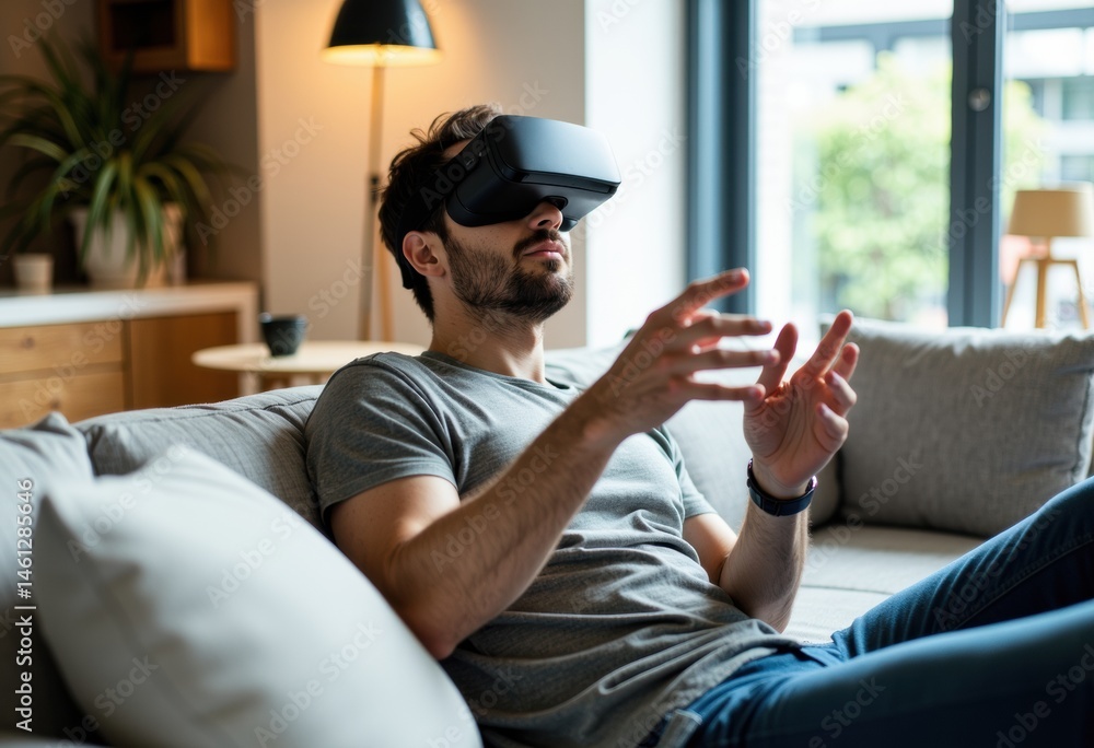 Poster man using virtual reality headset while sitting on a couch at home