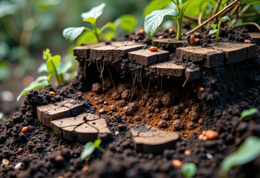 Young plant seedlings sprout from soil with brick-like soil blocks in a garden setting - Powered by Adobe
