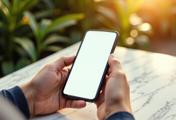 Hands holding a smartphone with a blank screen in a natural setting