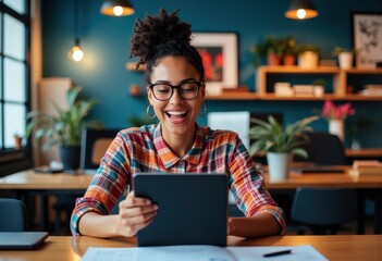 Happy woman using a tablet in a cozy workspace with plants