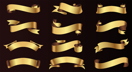 Set of gold ribbon banners template design. Luxury ribbons isolated on black background. vector
