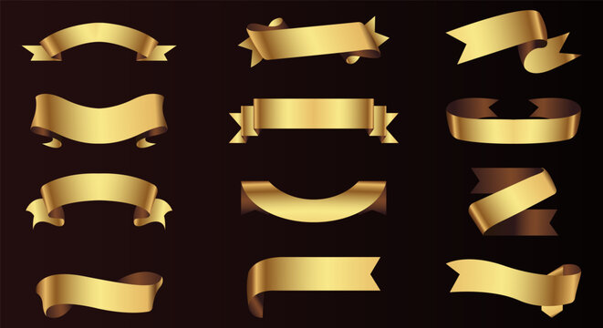 Set of gold ribbon banners template design. Luxury ribbons isolated on black background. vector