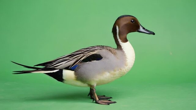 A northern pintail duck standing tall against a solid green background in a studio shot green screen video